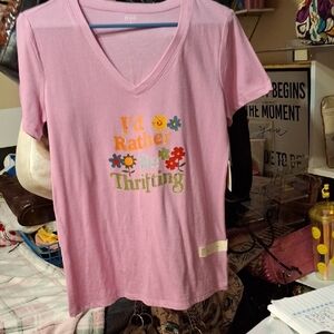 Pink 'I'd Rather Be Thrifting' Graphic V-Neck Tee Sz SM PTP 20" New A.N.A.